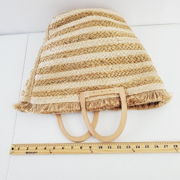 Antik Kraft Striped Jute Tote Ivory Large Beach Coastal Wood Handle Bag NEW - Picture 8 of 14